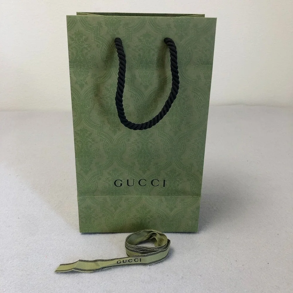 Authentic Gucci Shopping Bag Textured Green Paper Top Handle 11.5x6.5x4.25 Small
